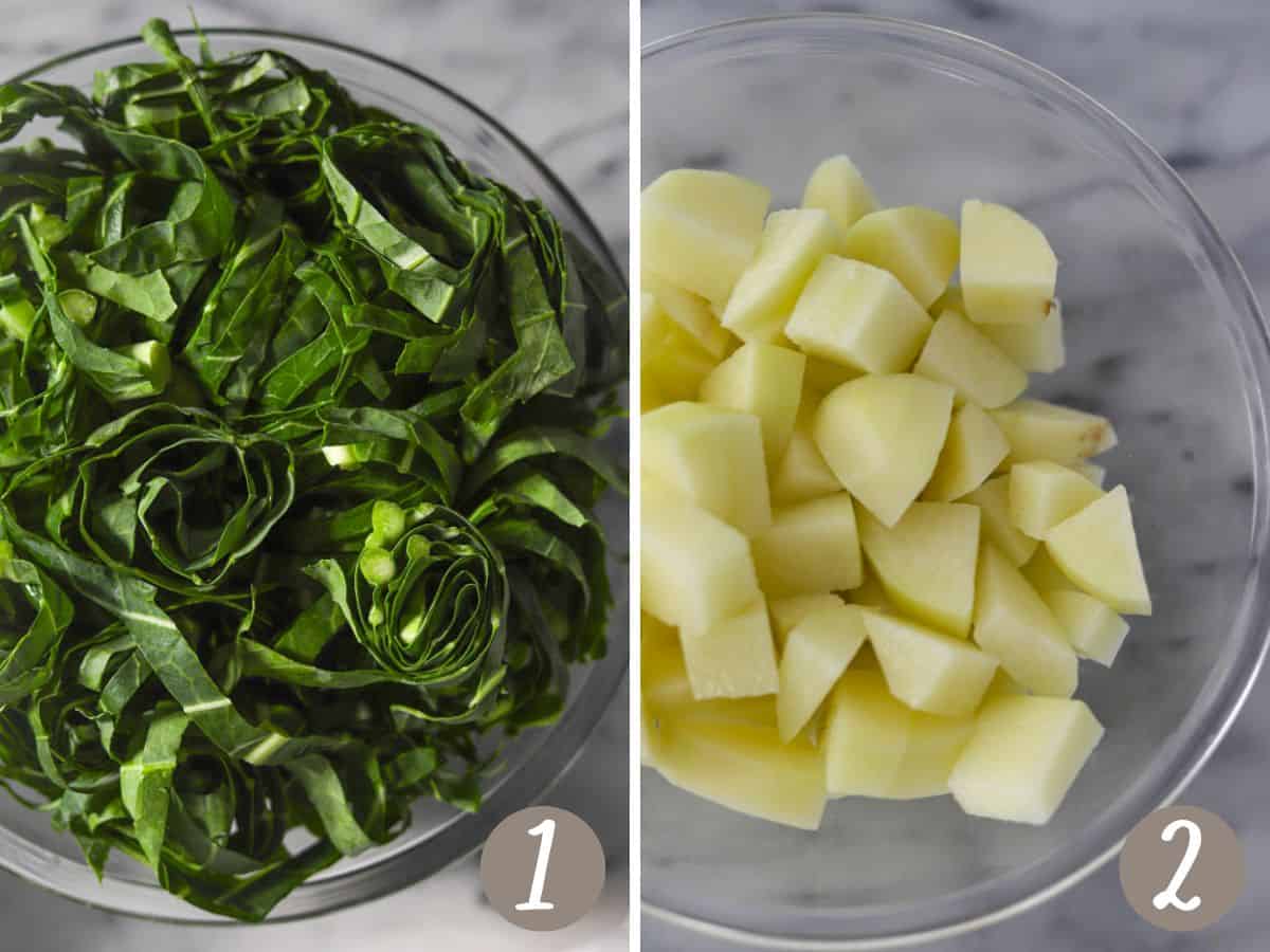 bowl of sliced collard greens for caldo verde (left), bowl of diced potatoes (right).