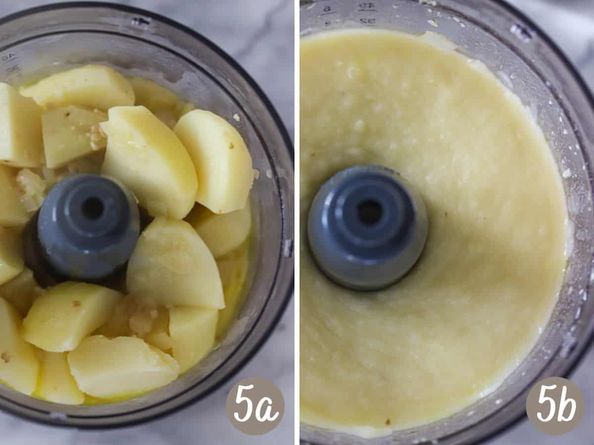 quartered potatoes in a food processor bowl (left), puréed potatoes (right).