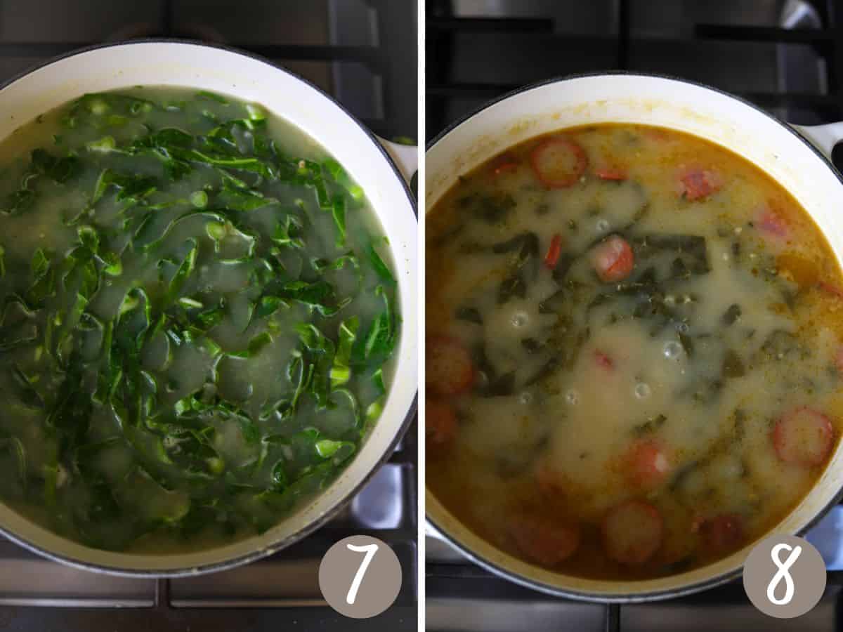 sliced collard greens added to the pot (left), fully cooked caldo verde (right).