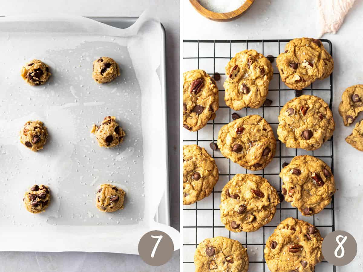 scooped cookie dough sprinkled with coarse sea salt on baking sheet on right, cooled cookies on black wire cooling rack on right.