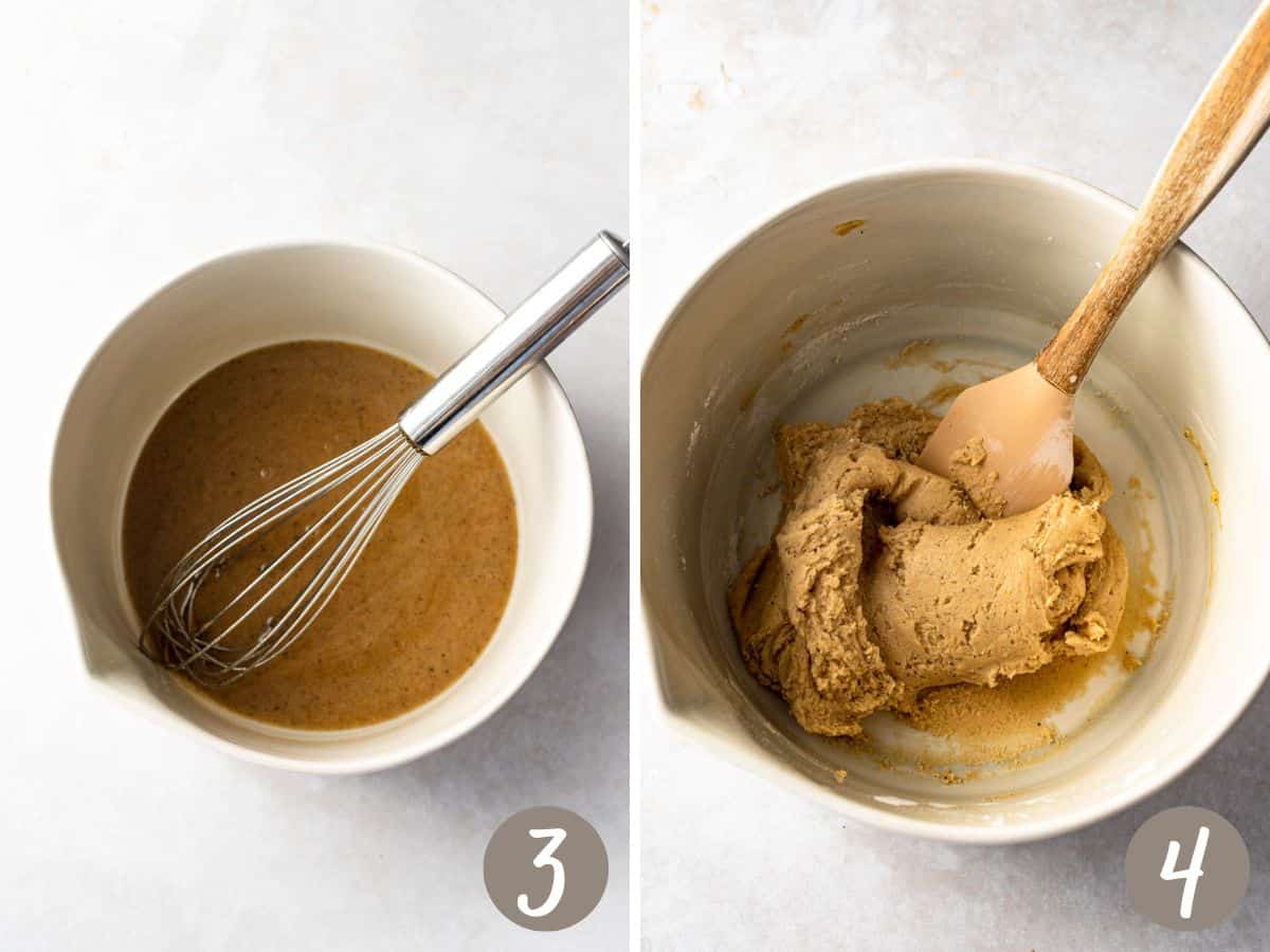 wet batter shown in a bowl on the left, cookie dough shown in a bowl on the right.