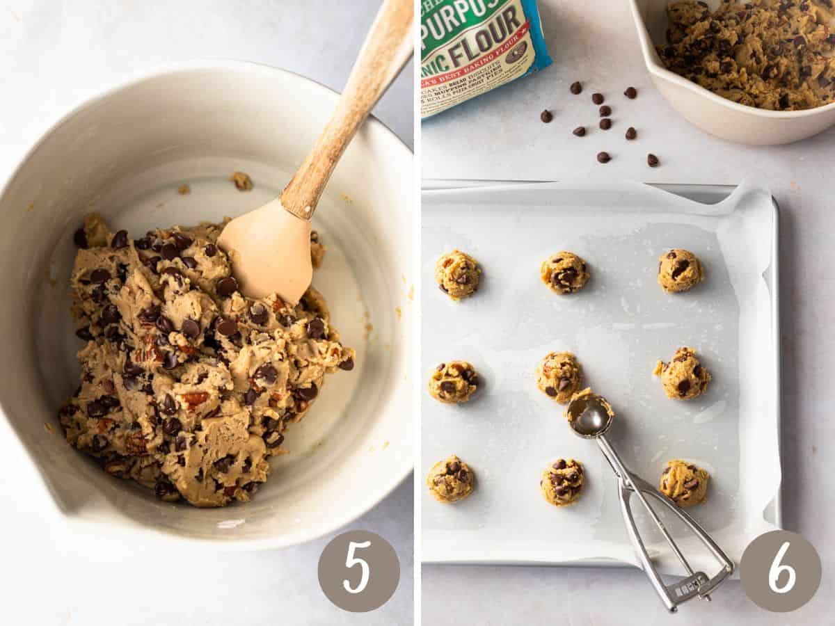 bowl of cookie dough with chocolate chips and pecans mixed in on the left, scooped cookie dough on baking sheet shown on right.