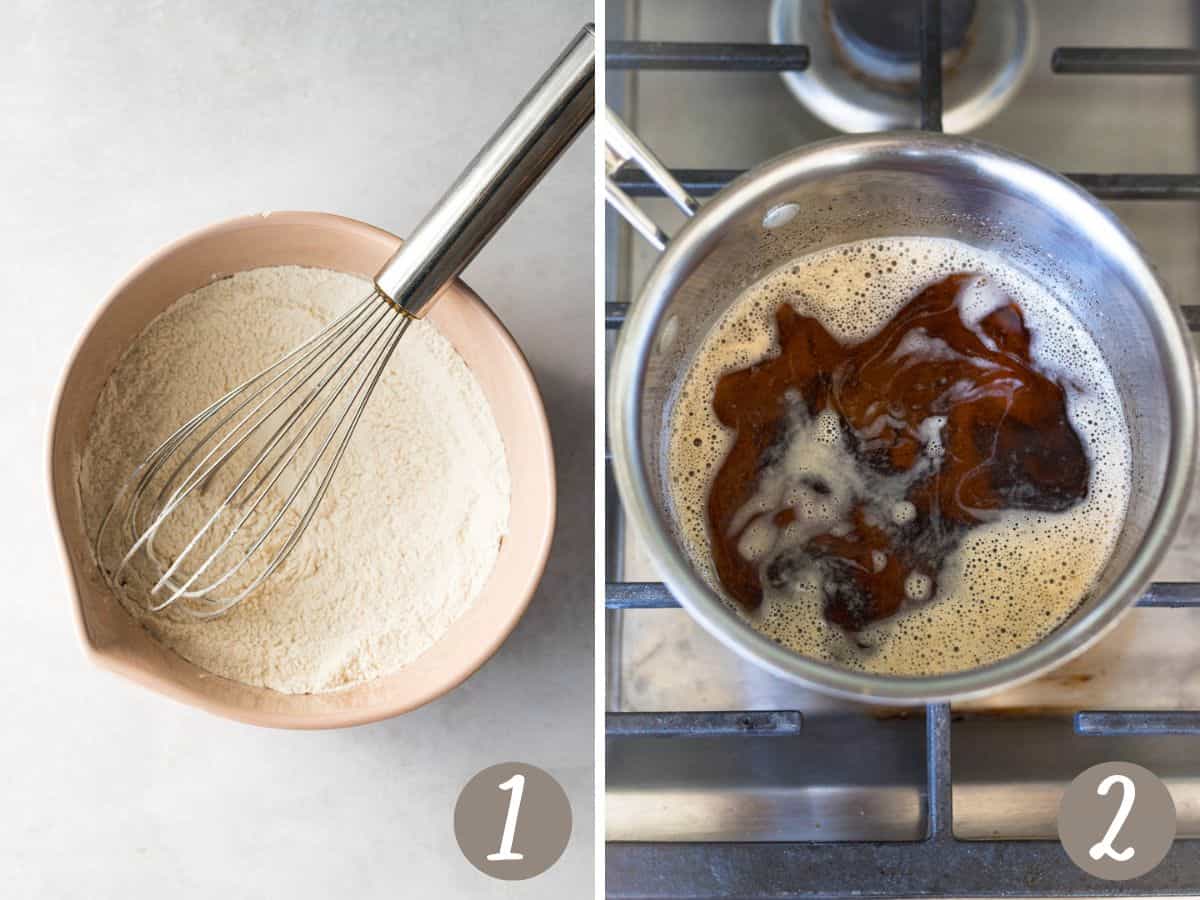 whisked dry ingredients in a pink bowl shown on left, melted brown butter in saucepan shown on right. 