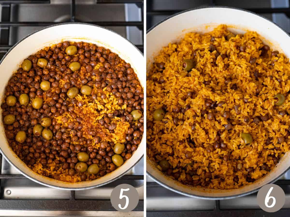 cooked rice and pigeon peas (left side), perfectly fluffed arroz con gandules (right).
