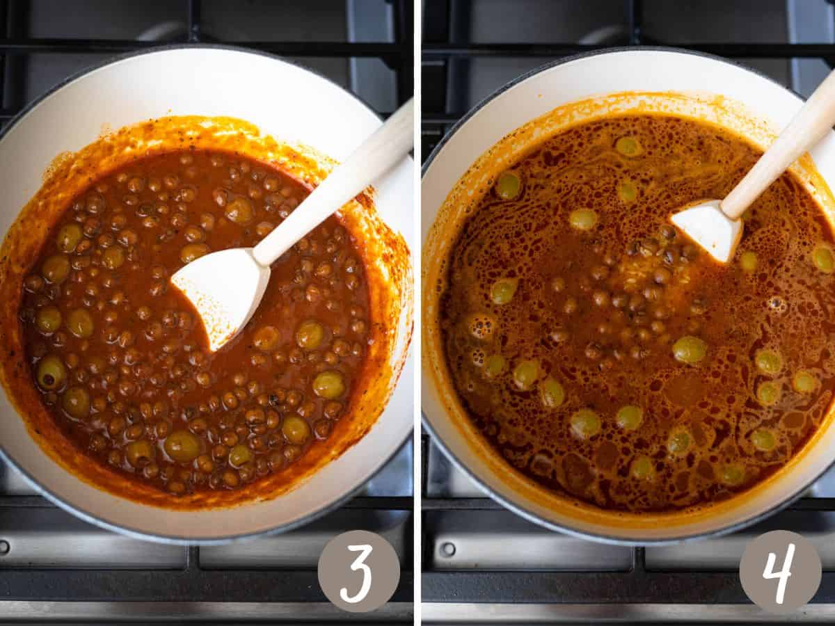 pigeon peas and green olives in a tomato based broth (left), rice added to the pot (right).
