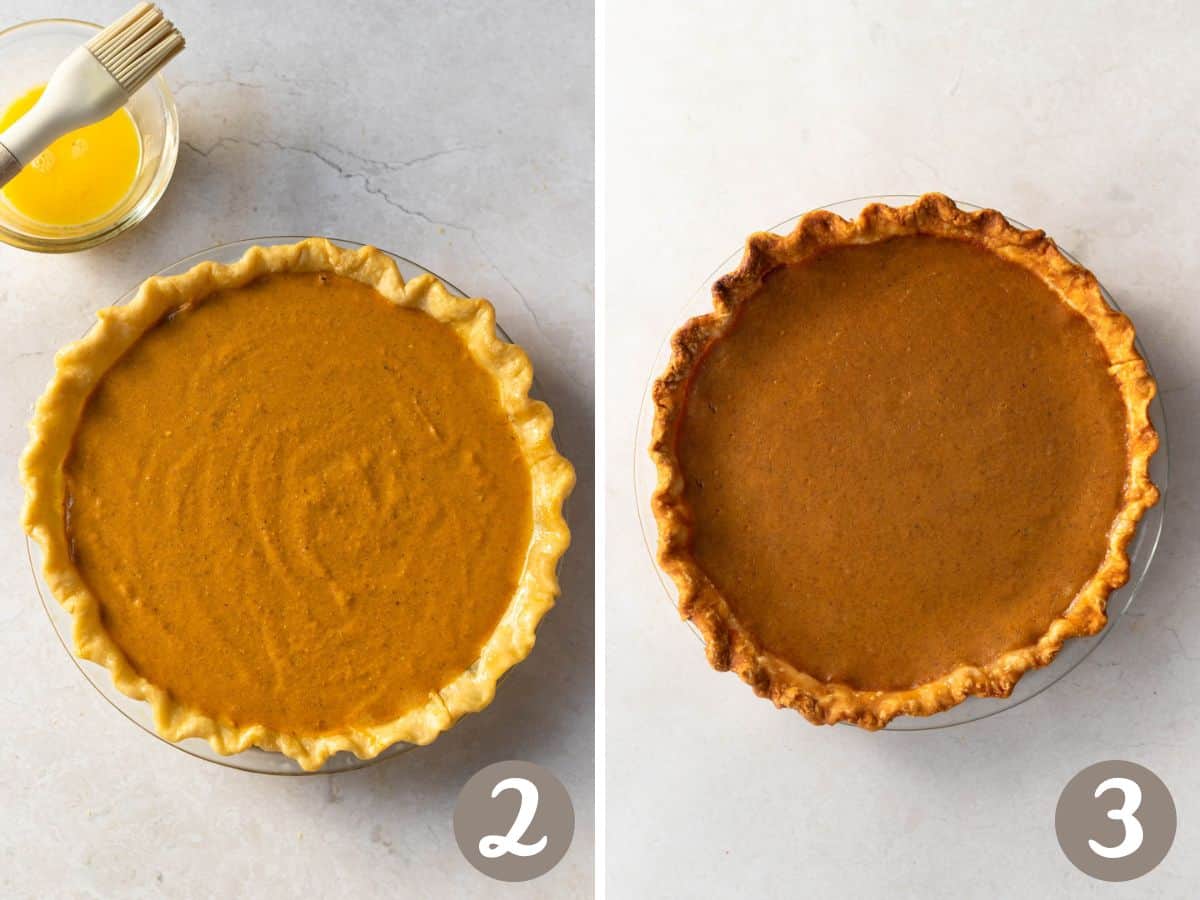 unbaked pie shell filled with pumpkin/condensed milk filling, the crust is brushed with egg wash (left), baked pumpkin pie on the right.
