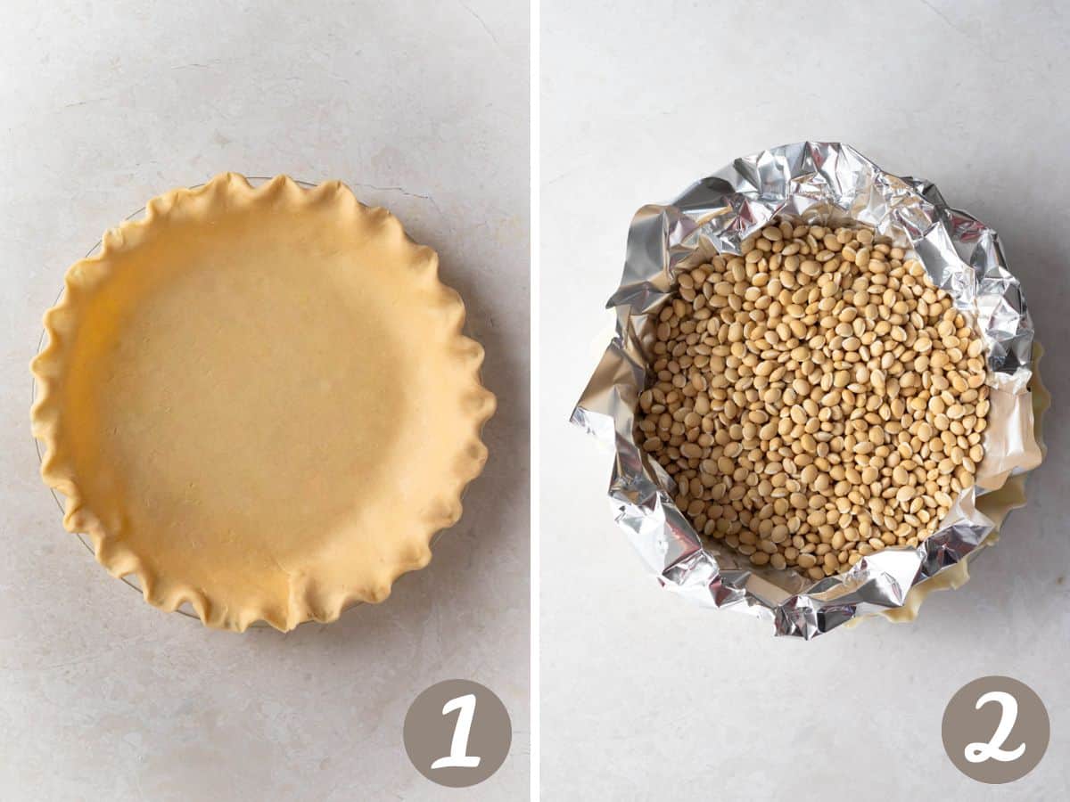 fluted pie crust in a glass pie plate (left), pie crust with foil over it and beans (pie weights) in the middle (right).