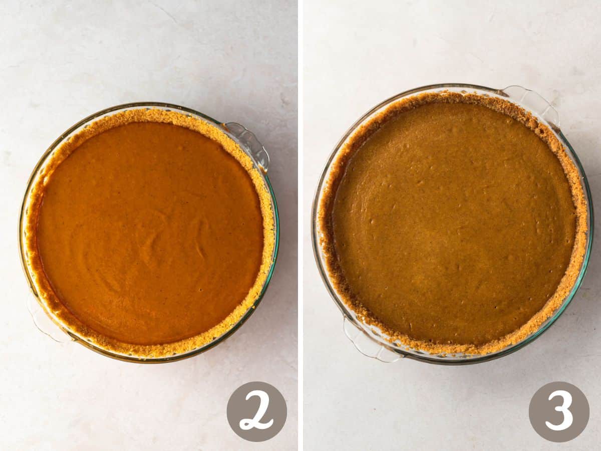 pumpkin pie filling poured into a graham cracker shell (left), baked and fully cooled pumpkin pie (right).