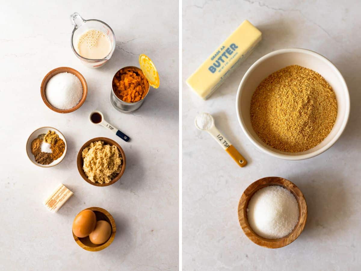 pumpkin pie ingredients (evaporated milk, sugar, canned pumpkin, spice blend, vanilla extract, butter and eggs) on the right and graham cracker crust ingredients on the right (butter, graham cracker crumbs, salt, sugar).