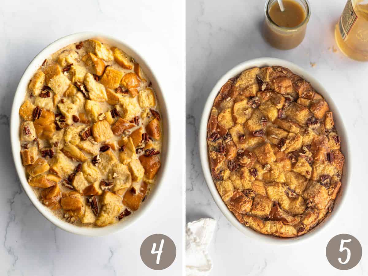 unbaked bread pudding in an oval baking dish on the left, baked bread pudding shown on the right. 