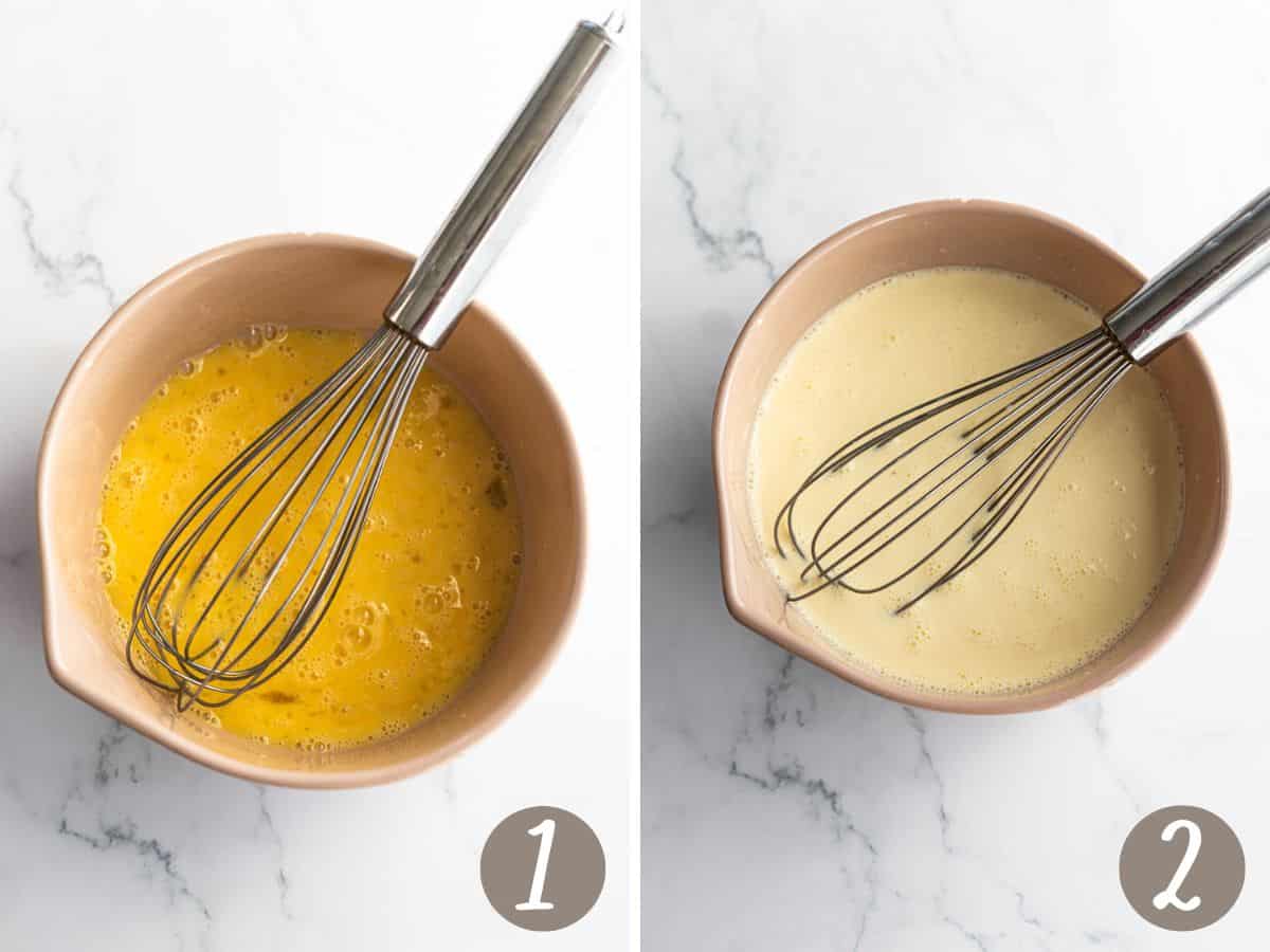 whisked eggs in a bowl (left), custard base (right).