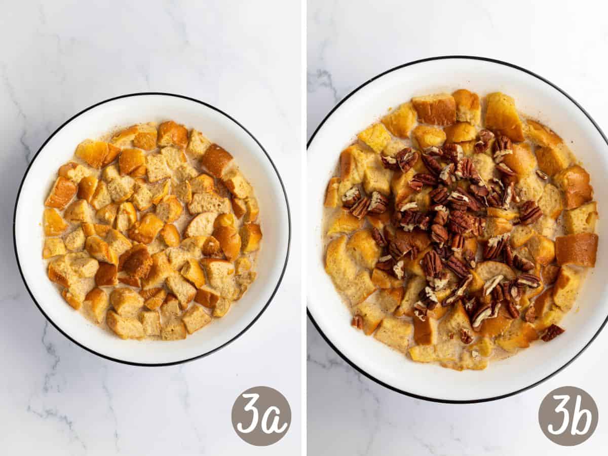 bread cubes soaking in custard mixture (left), pecans added on the right.