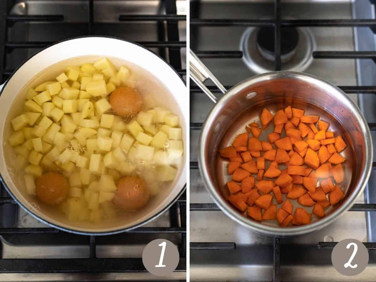 potatoes and eggs in a pot of water on the stovetop (left), diced carrots in a small pan of water on stovetop (right).