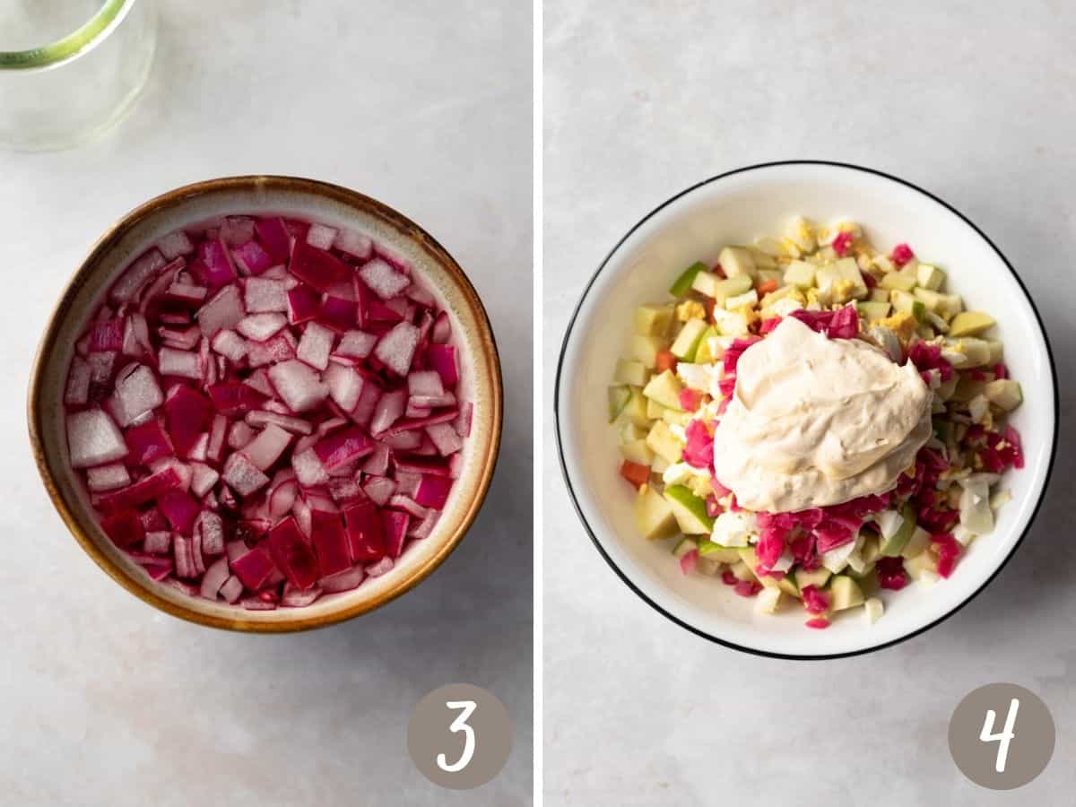 onions in a bowl with vinegar (left), chopped vegetables, apples, eggs in a bowl topped with scoop of mayo (right).