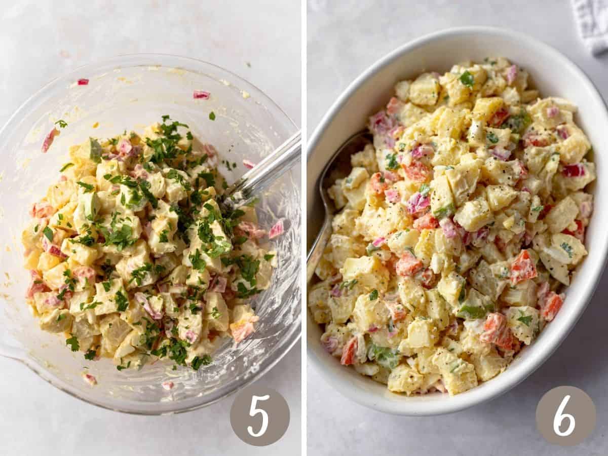 cilantro and lime juice added to the salad (left), salad shown in a white oval casserole dish (right).