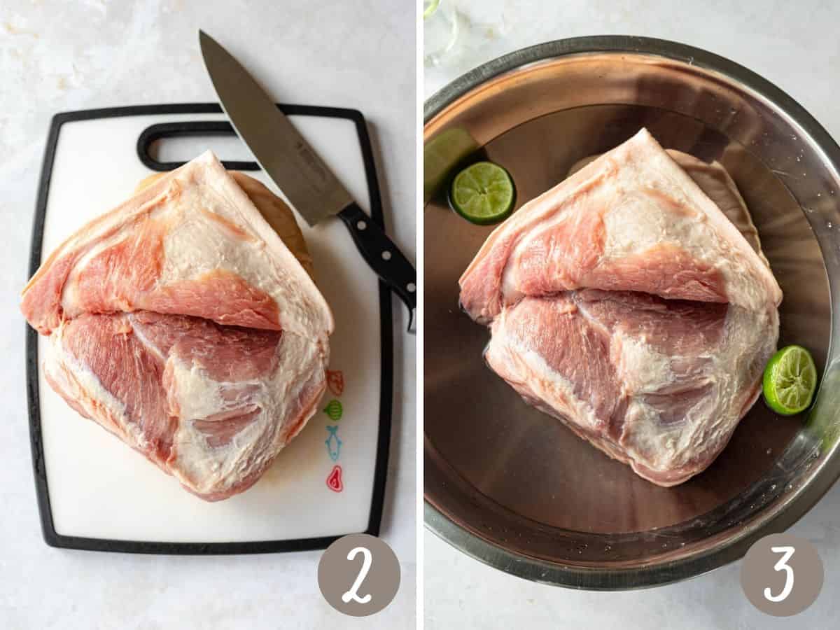 picnic roast on cutting board with fat cap cut back, shown with a knife (left), picnic roast with fat cap pulled back in a bowl of water (right).