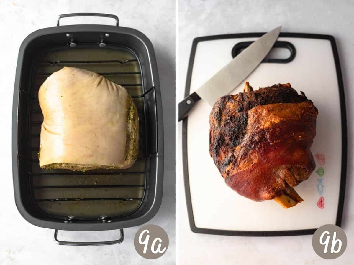 marinated pork shoulder in roasting pan (left), fully roasted pork shoulder on cutting board (right).