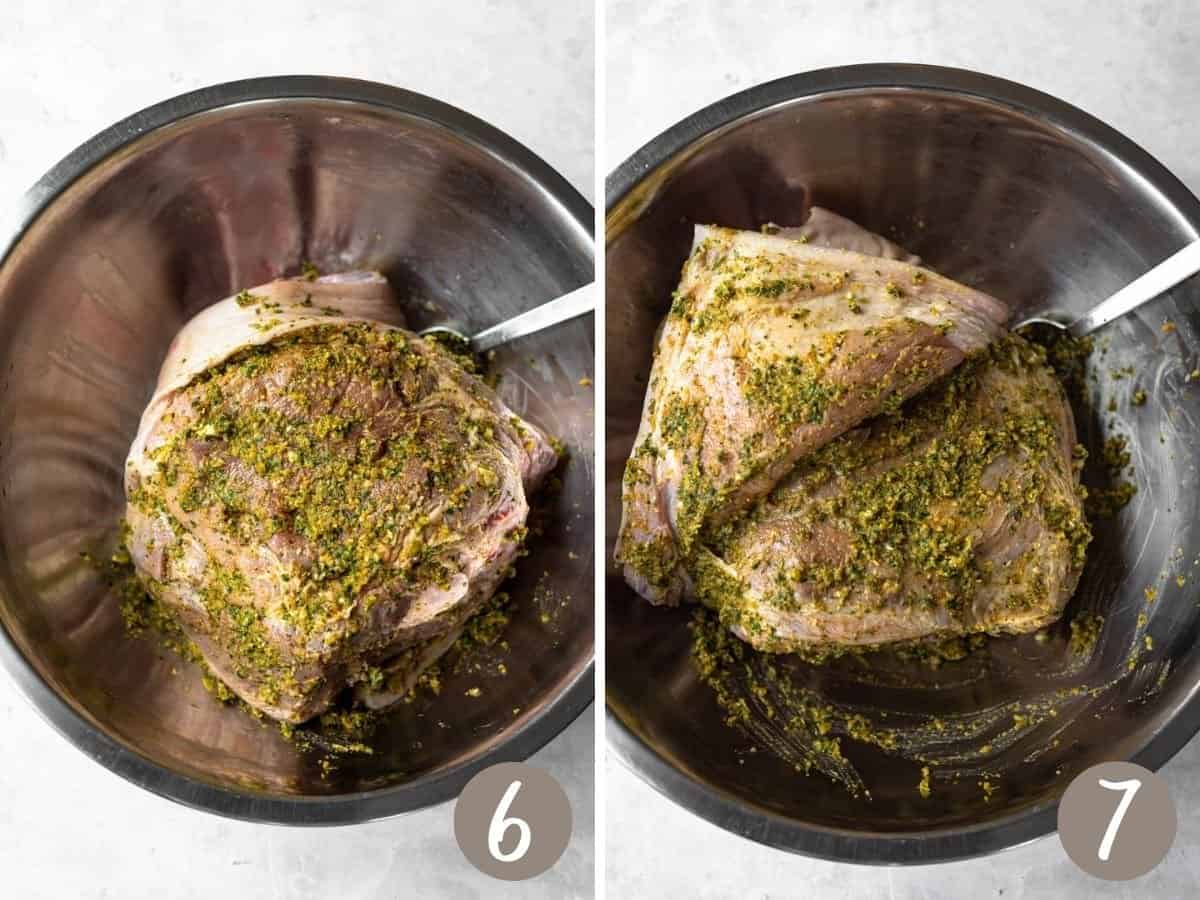bottom of roast covered in sofrito (left), top of roast shown with sofrito spread under the fat cap (right).