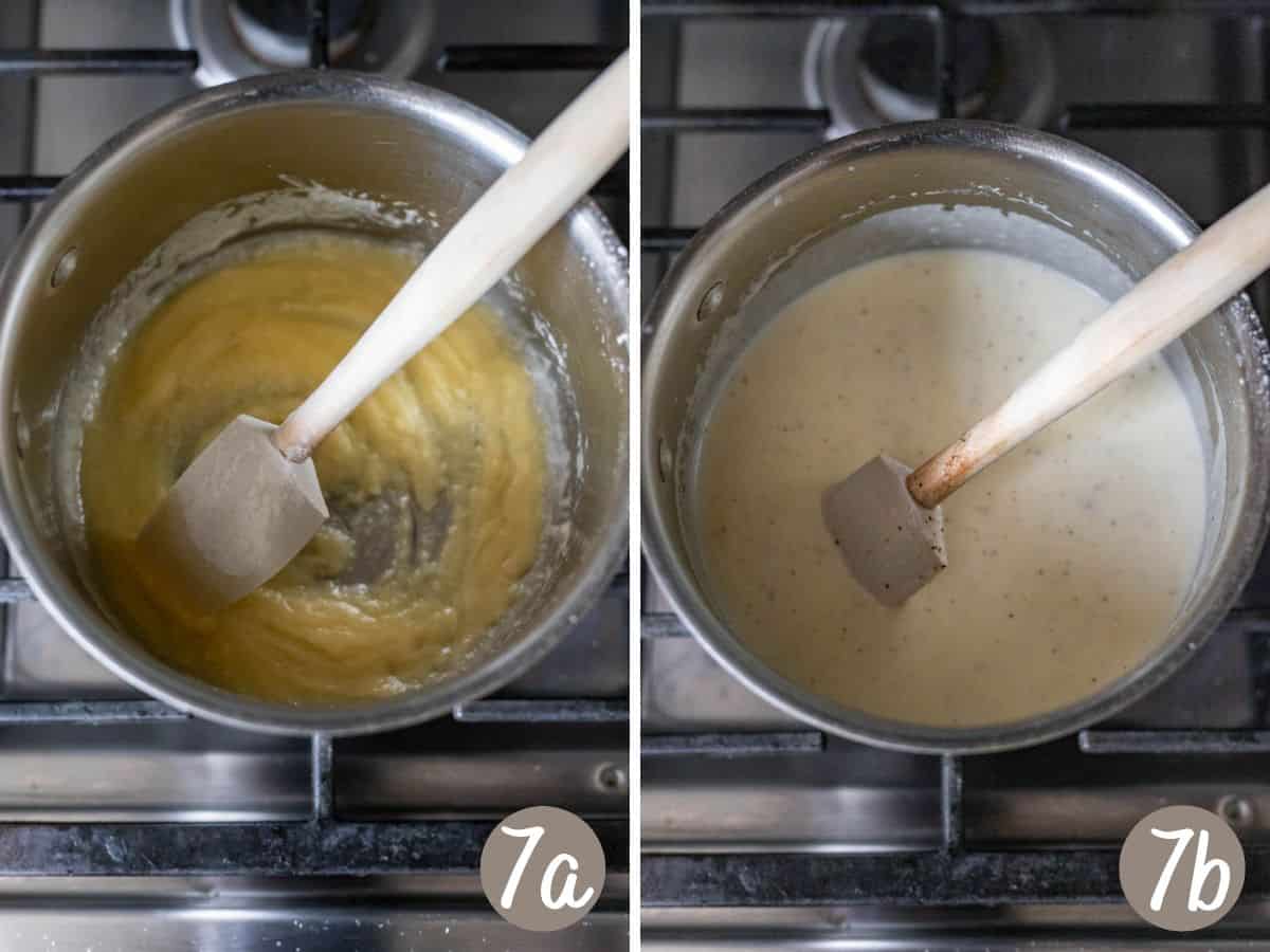 basic roux made from flour and butter (right) bechamel sauce shown in the same pan (right).