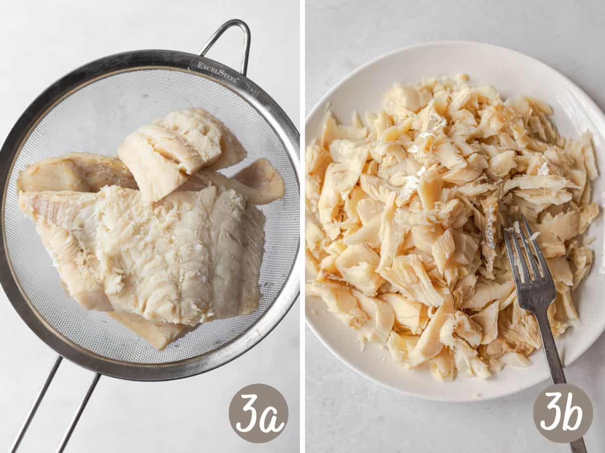 hydrated cod in a mesh strainer (left), flaked cod on a plate shown with a fork (right).