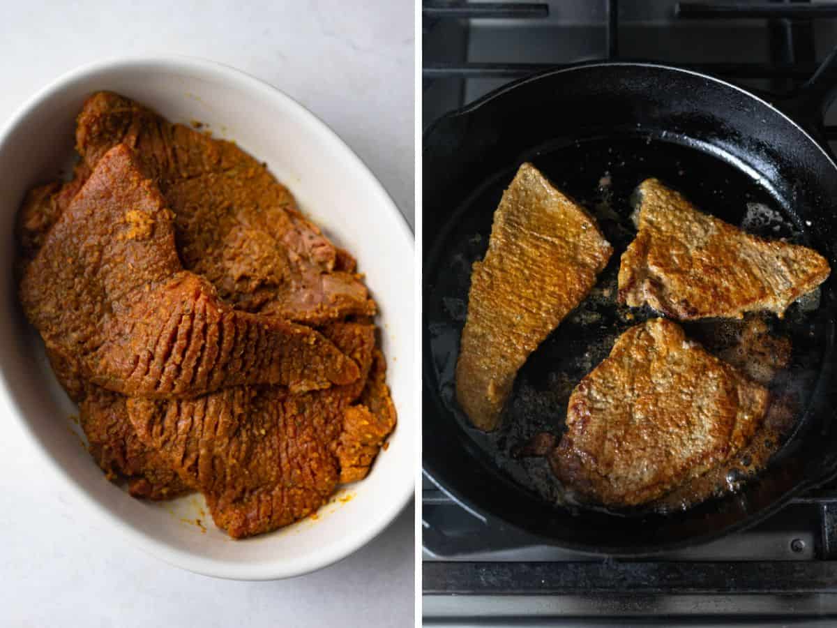 process shots showing seasoned cube in a white bowl on the left and seared cube steaks in a skillet on the right.