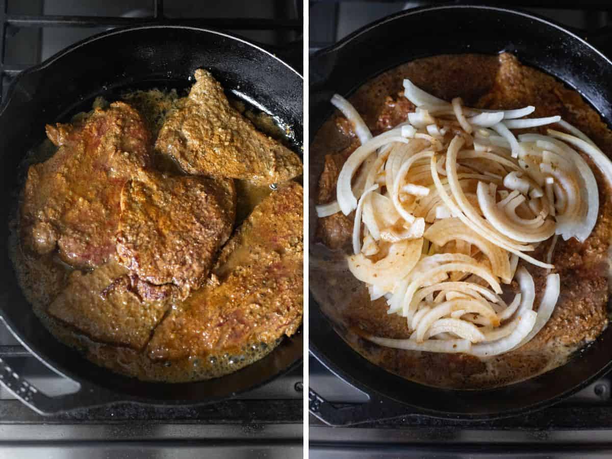 process shots showing cube steaks in a skillet on the left and cube steaks topped with onions on the right.