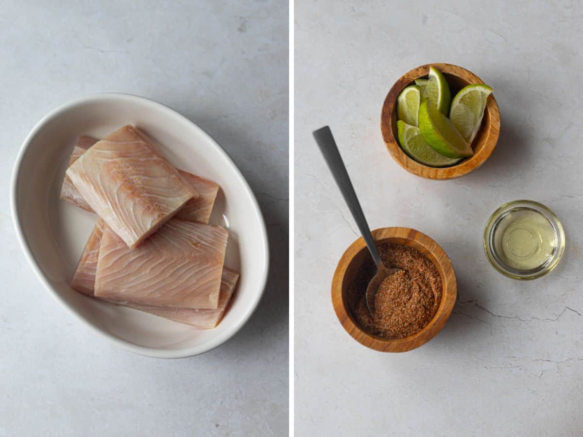 blackened mahi mahi ingredients -filets on left and spices, lime wedges, and olive oil on the left.