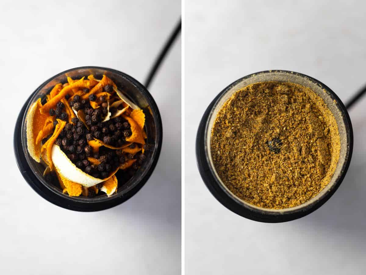 left image shows dried lemon peels and black peppercorns in a spice blender, right image shows find ground lemon pepper.