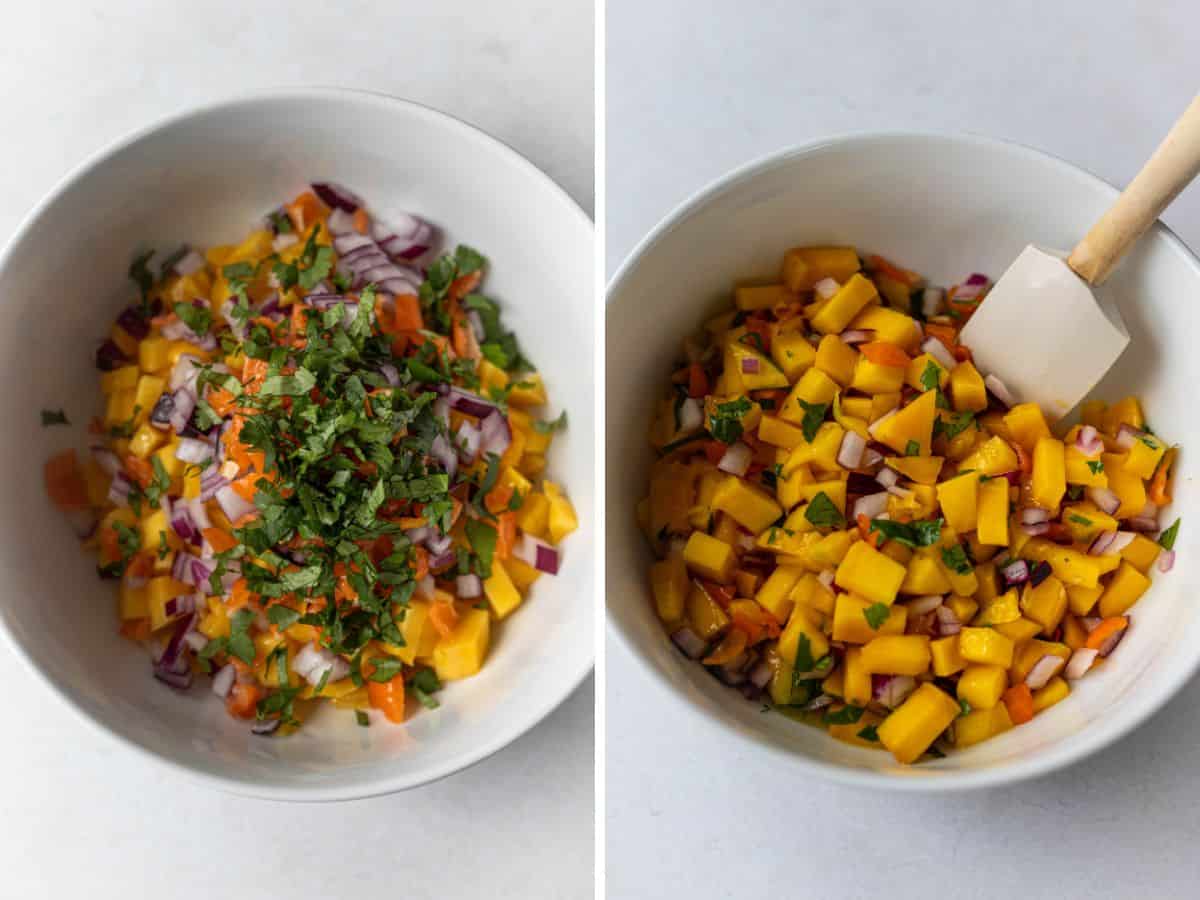 side by side photos of recipe steps showing how to chop and combine the mango salsa.