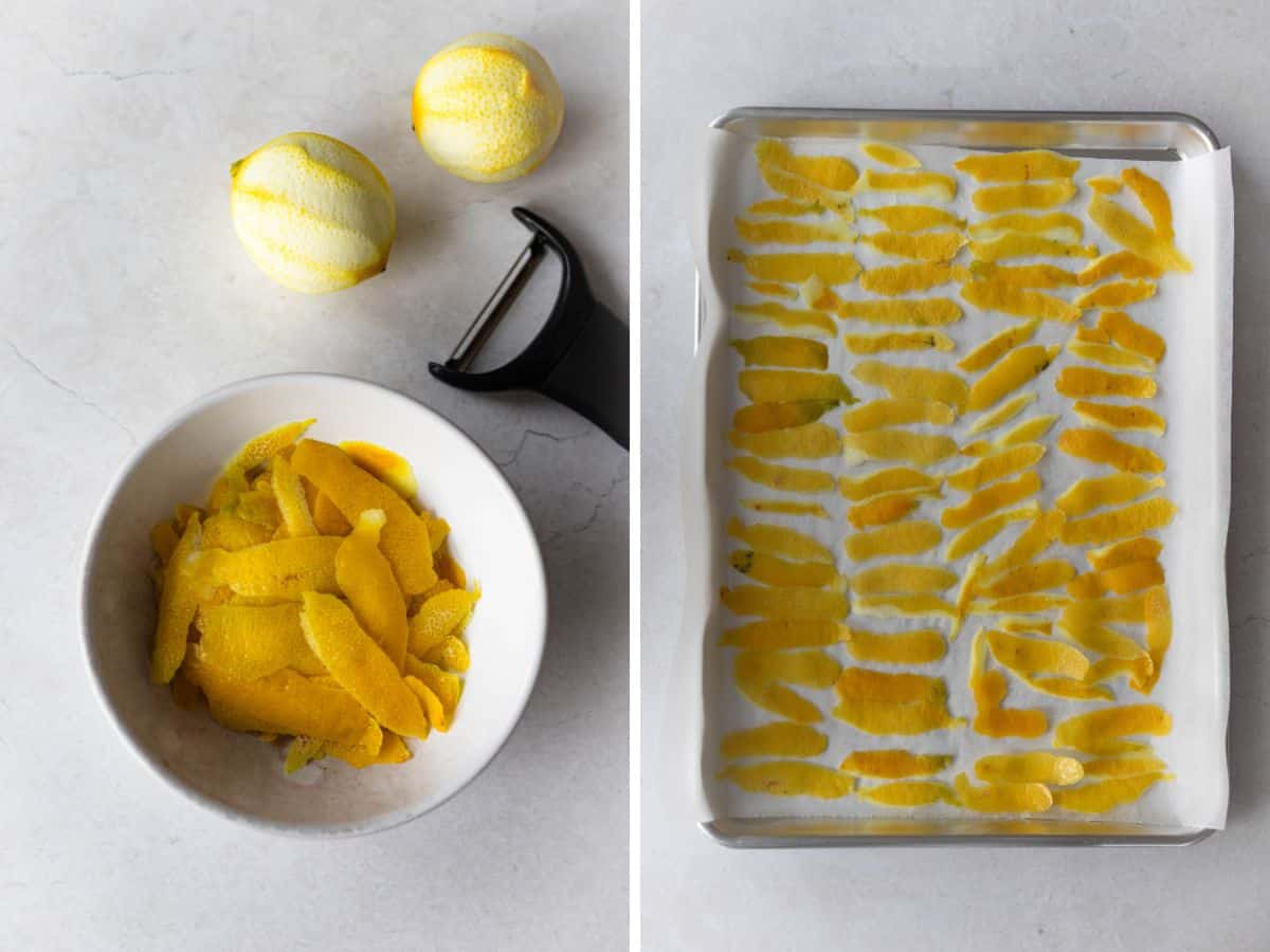 fresh lemon peels in a bowl on the left, fresh lemon peels on a baking sheet on the right.