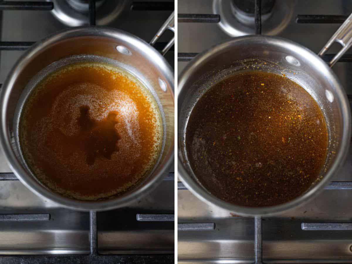 melted butter and honey in a saucepan on the left, honey glaze shown with lemon pepper seasoning on the right.