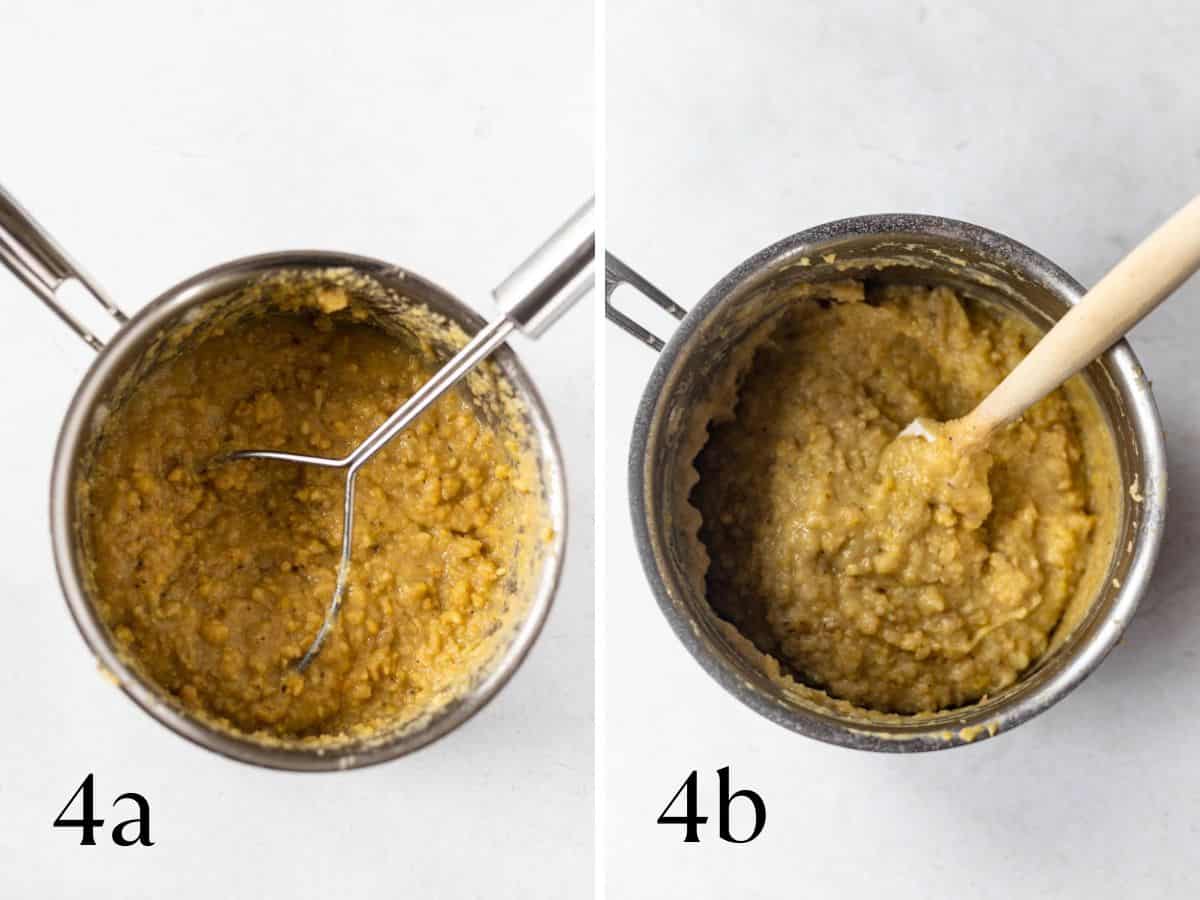 Side by side image of mashed, boiled plantains.