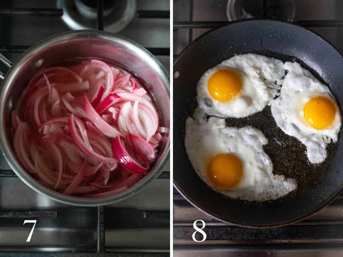 dominican breakfast recipe steps - sautéed red onions in a pan (left), fried eggs in a pan (right).
