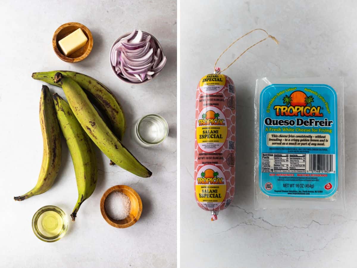 split photos showing all ingredients needed to make mangú con los tres golpes (Dominican breakfast), green plantains, butter, onions, vinegar, salt and oil on the left and packaged salami and frying cheese on the right.