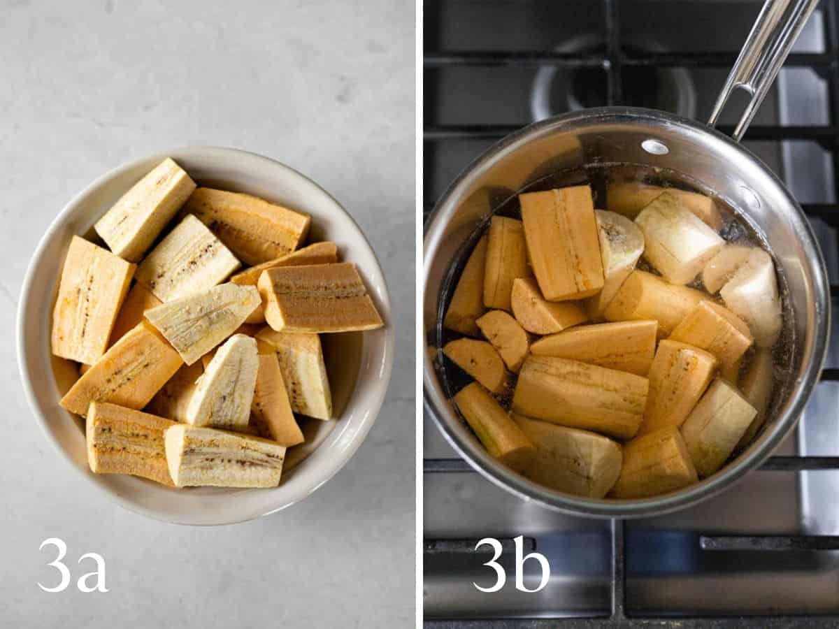 sliced plantains in boiling water.