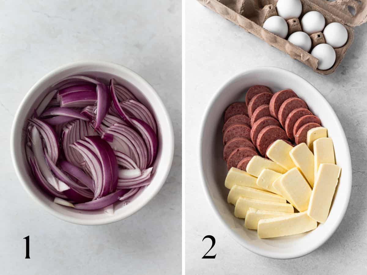 Side by side photos of sliced onions placed in vinegar (left), and sliced cheese and salami (right).