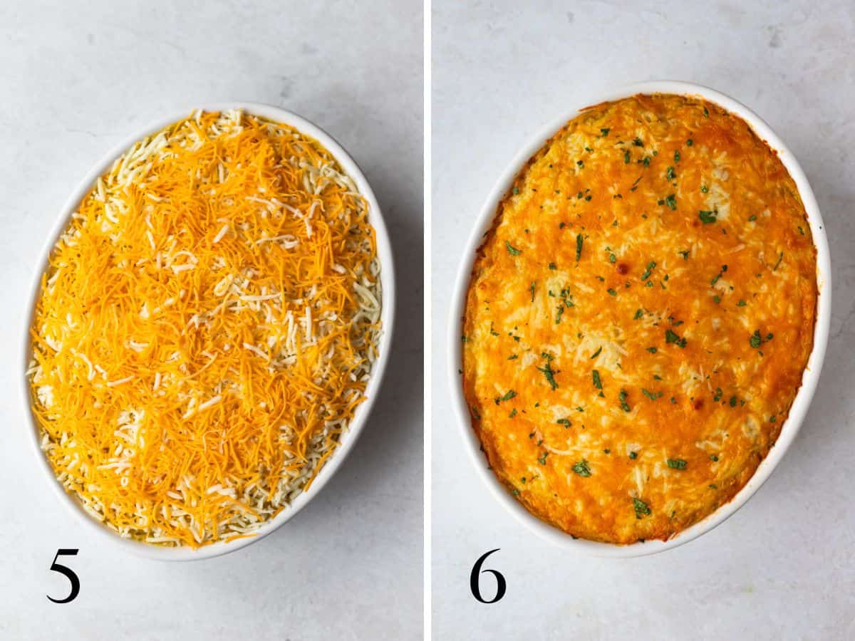 pastelon topped with cheese before baking (left), baked pastelon topped with chopped cilantro (right).