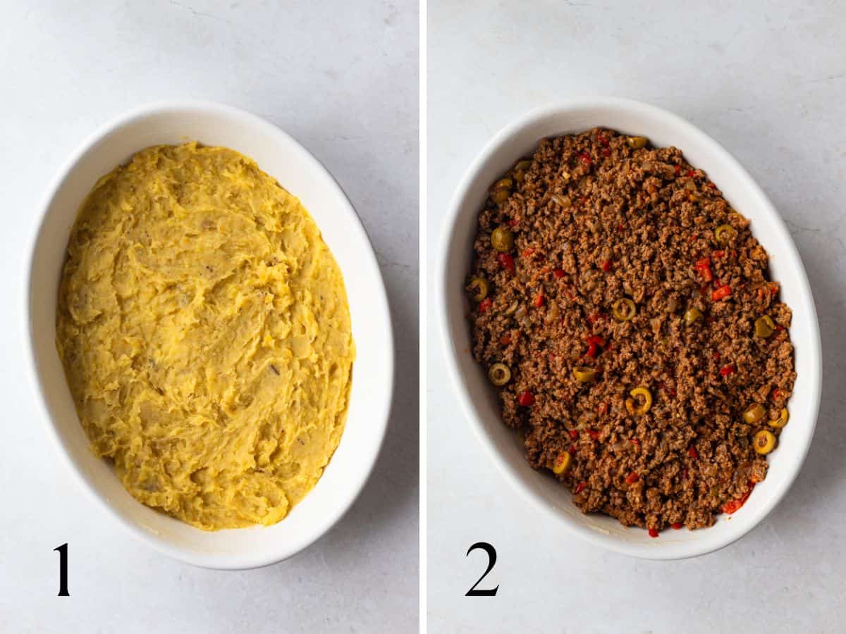 Pastelon 1st layer of mashed plantains (left), ground beef layer (right).