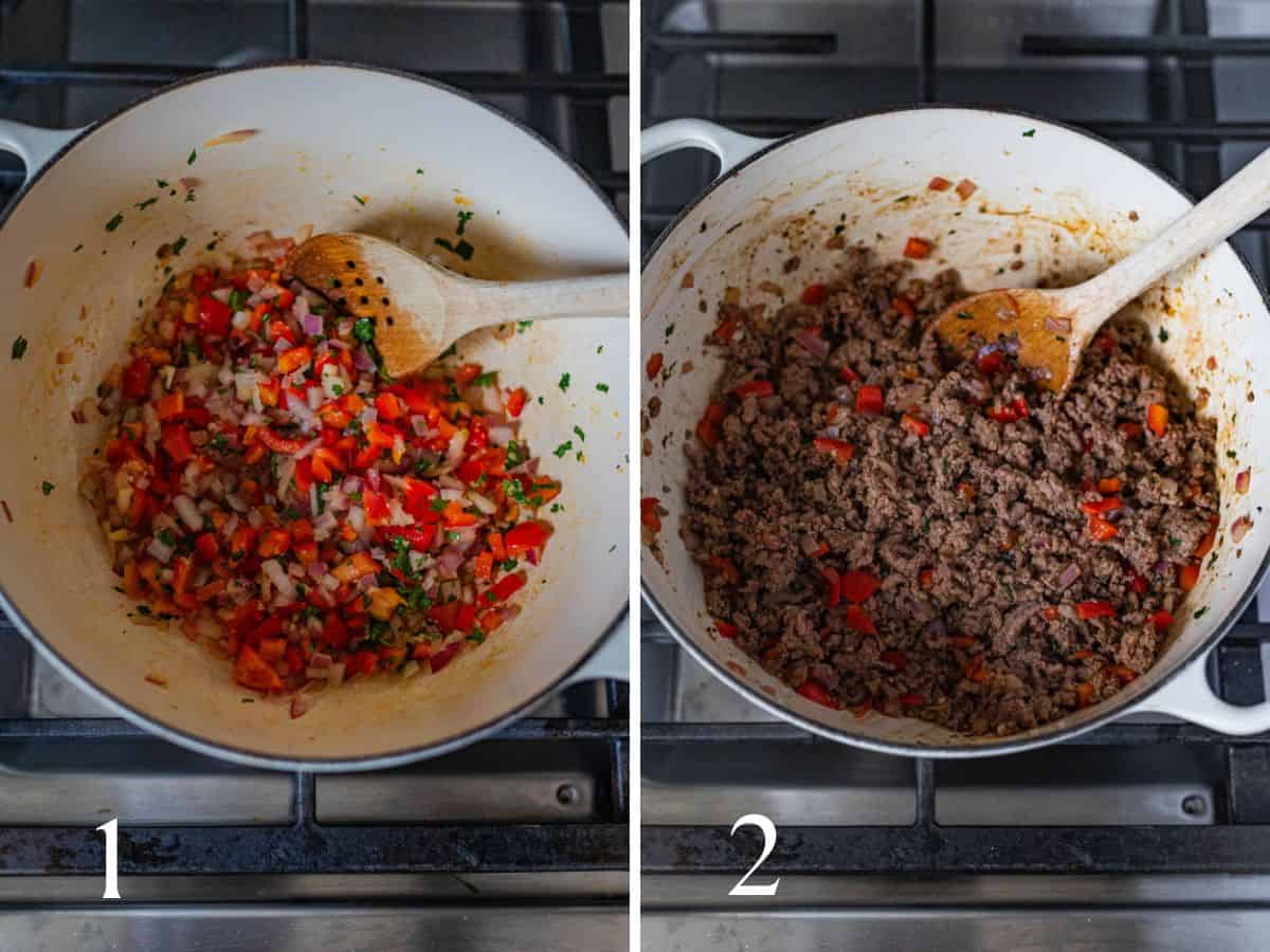 making picadillo: sautéed sofrito (left), ground beef added (right).