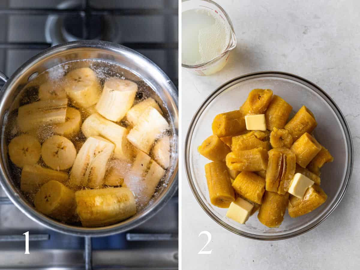Boiled plantains on the stovetop (left), boiled plantains in a glass bowl with butter and reserved water from the plantains (right).