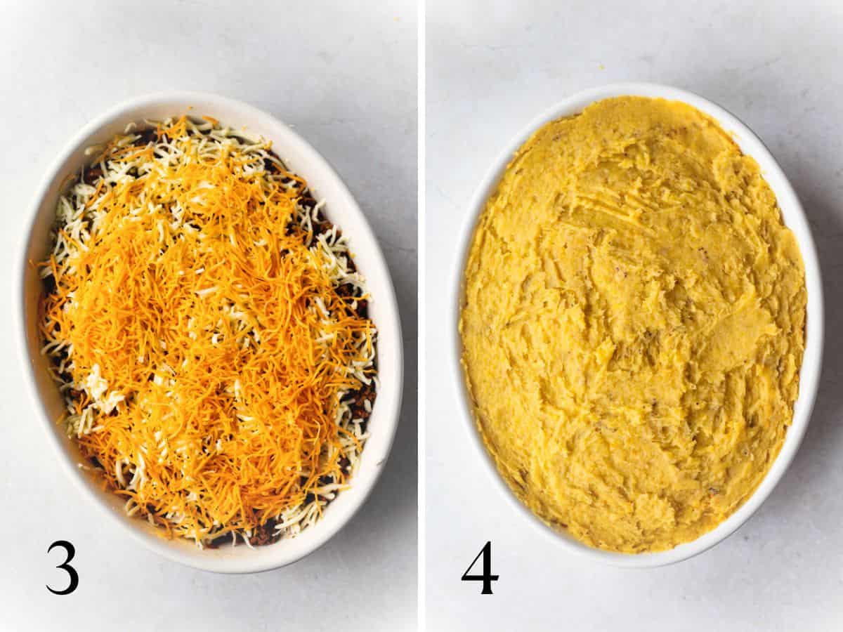 pastelon layers shown in a white oval baking dish - beef and cheese on left, mashed sweet plantains on right.