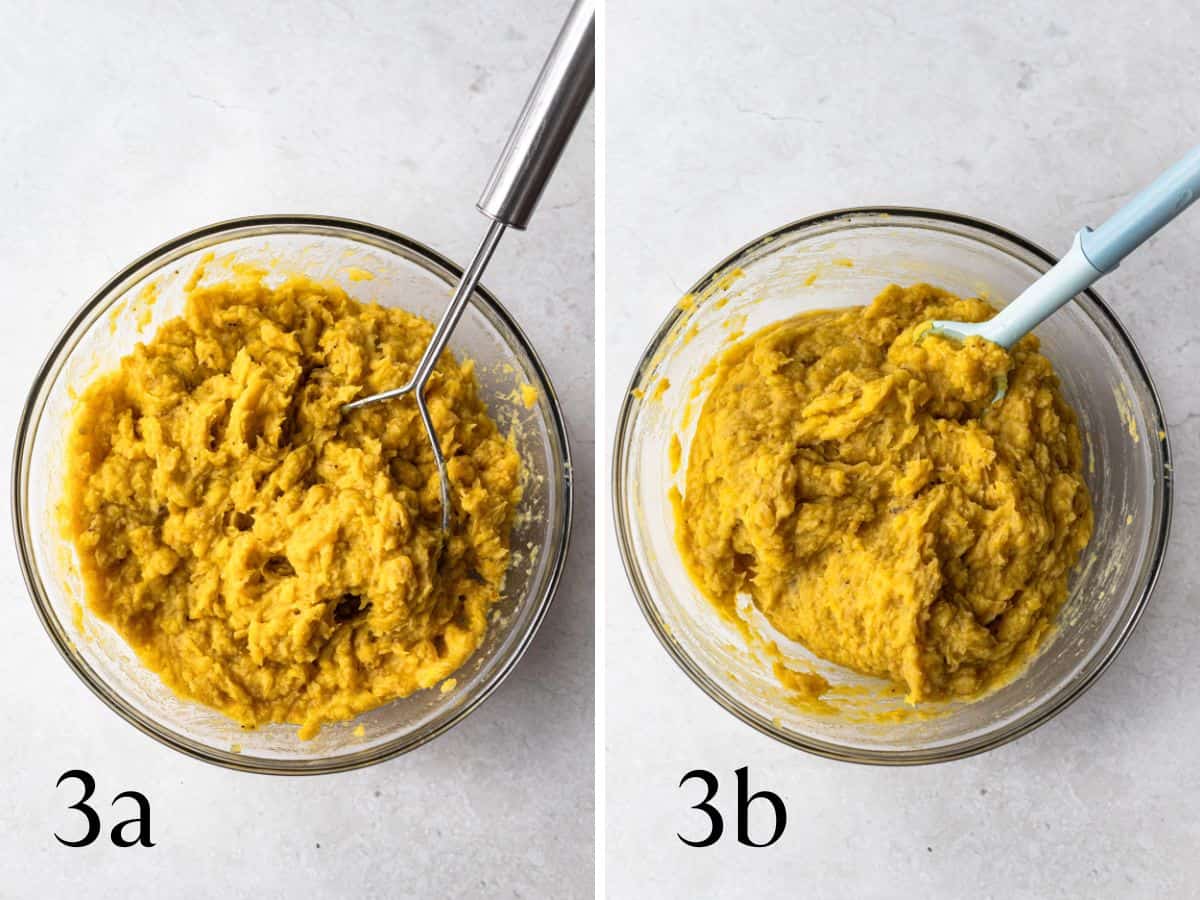 Mashed plantains in a glass bowl with masher on the right and spatula on the left.