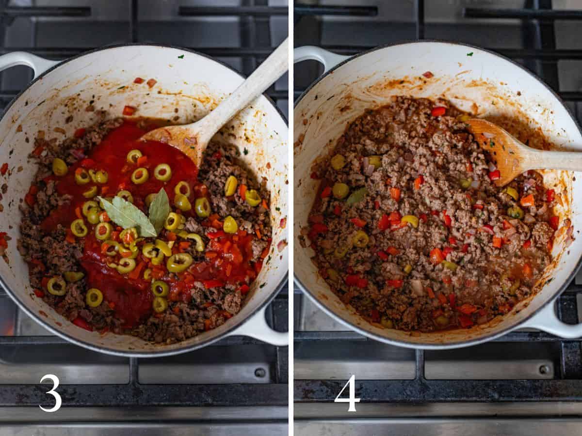 picadillo steps: adding tomato sauce, bay leaves and olives (left), cooked picadillo (right).