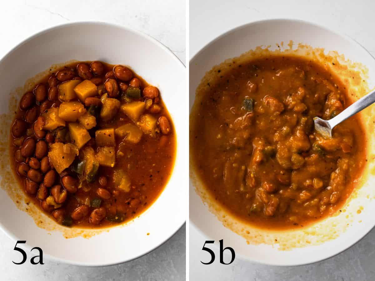 beans in a white bowl on the right, mashed beans on the left.