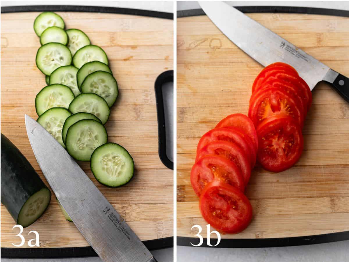 sliced cucumbers (left, sliced tomatoes (right) shown on a cutting board with a knife.