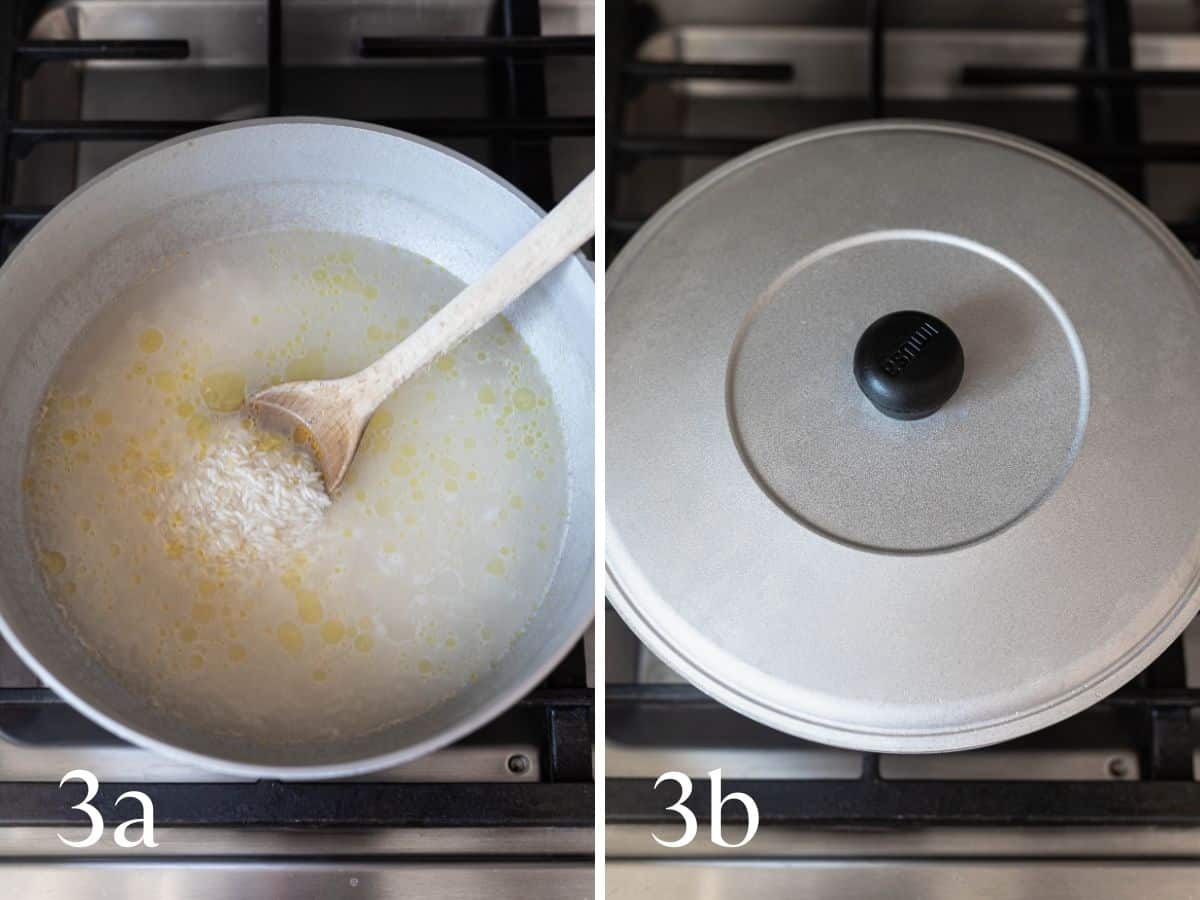 Rice added to the pot (left), pot covered on stove (right).