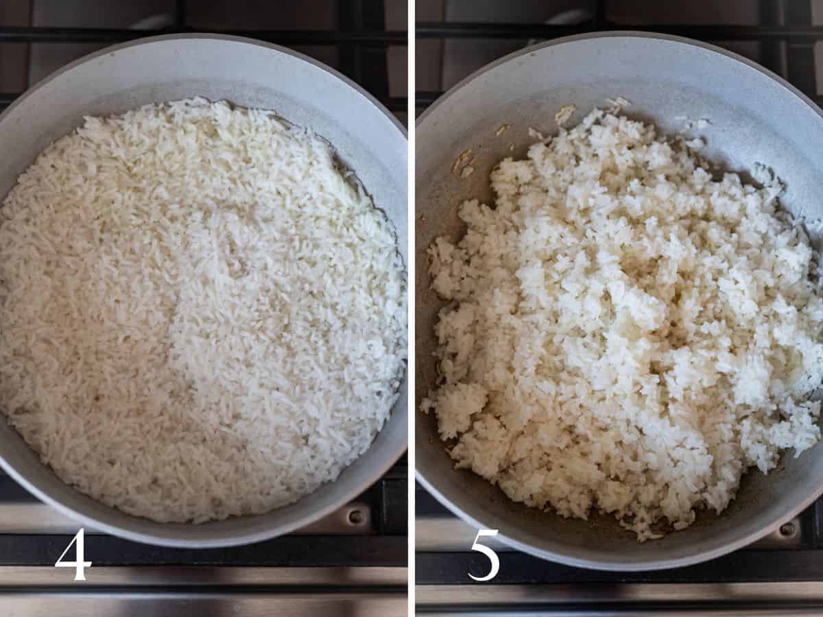 Cooked arroz blanco (left), fluffed (right).