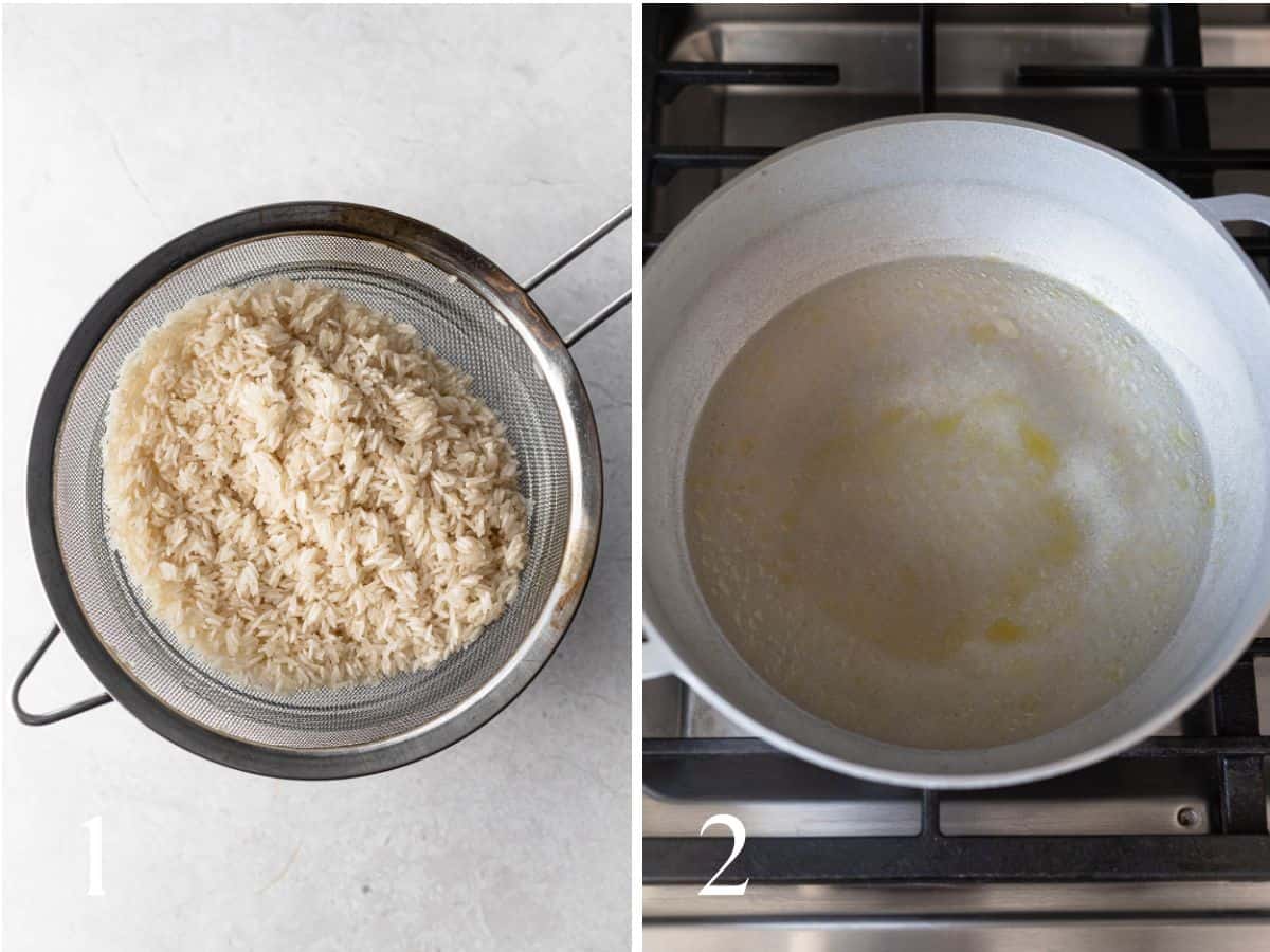 Rinsed long grain rice in a mesh strainer (left), boiling, salted water with olive oil in al aluminum pot (right).