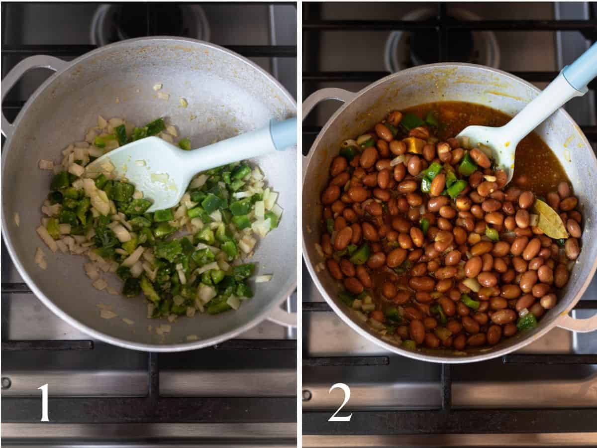 aluminum pan on stovetop with onions, peppers and garlic (left) and beans, bay leaf and seasonings (right).