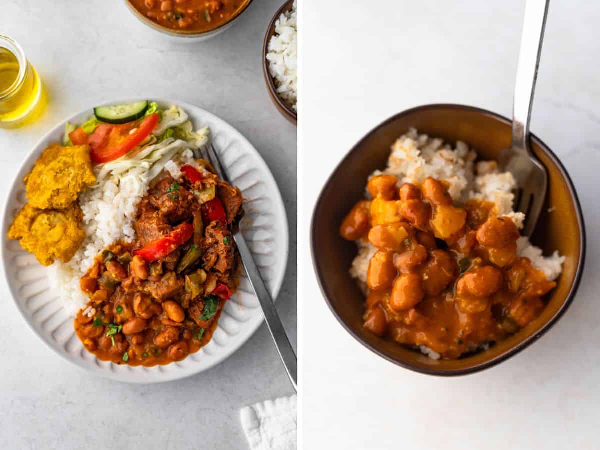 Dominican beans served with meat and beans (left), over concon/crispy rice (right)